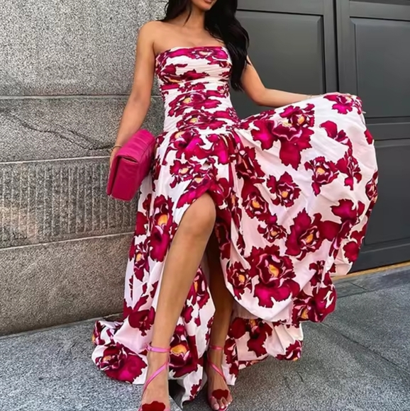 Dresses & Skirts - Elegant Puff Printed Tube Long Dresses Women Retro Pleated Slit Sleeveless Solid